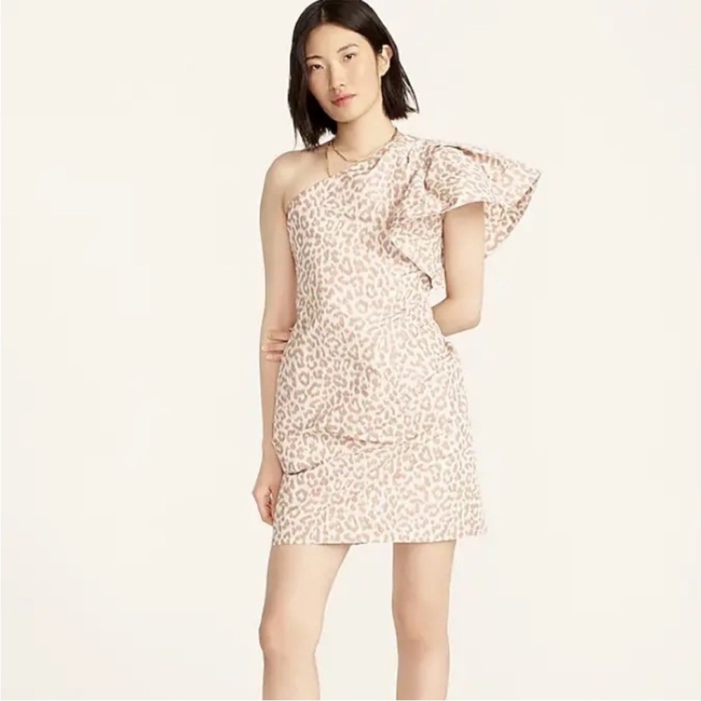 NWT J.Crew $268 One-Shoulder Ruffle Dress In Italian Ikat Leopard Size 2